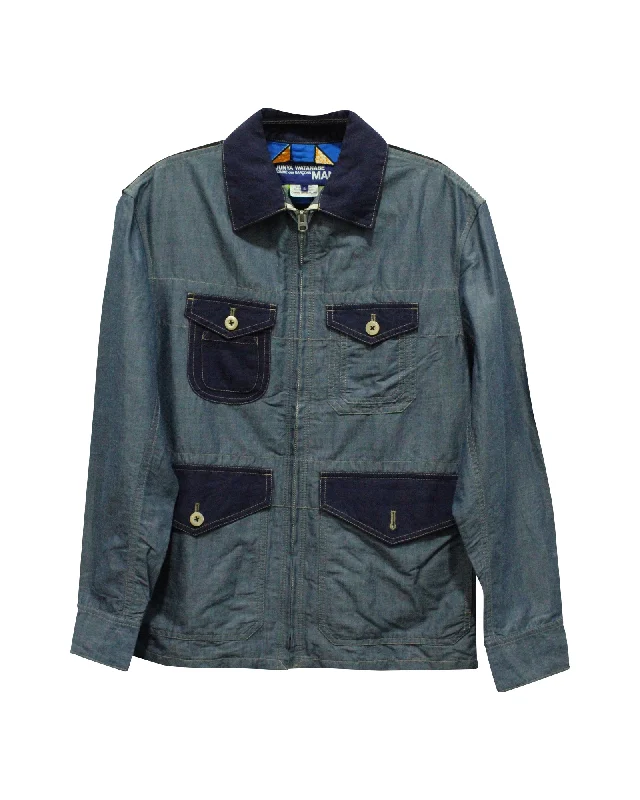 Junya Watanabe Man Zip Multi-Pocket Shirt Jacket in Blue Cotton Denim