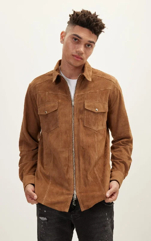 Zipper Closure Suede Leather Shirt - Camel