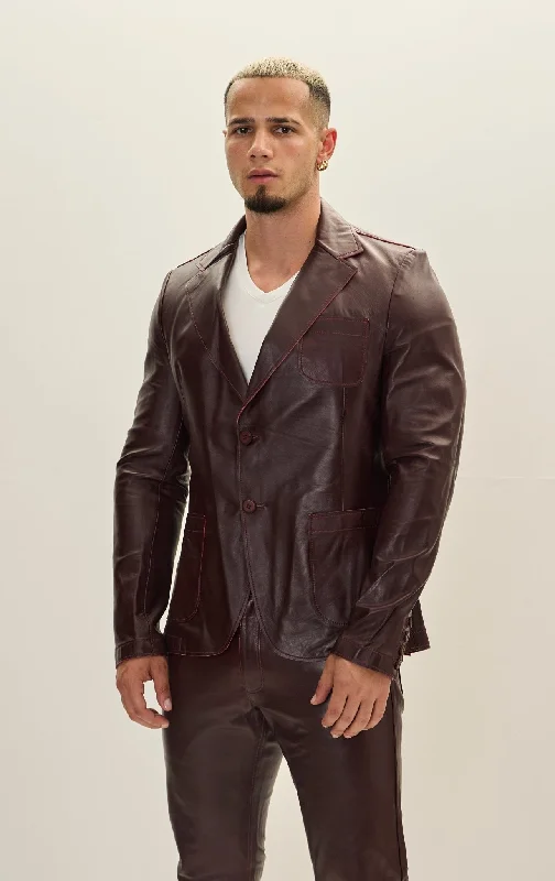 Classic Two-Button Leather Blazer - Wine