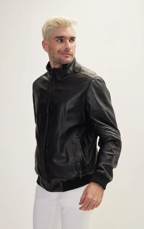 High Collar Leather  Bomber Jacket - Black