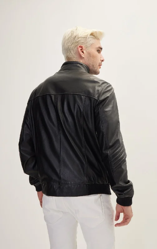 High Collar Leather  Bomber Jacket - Black