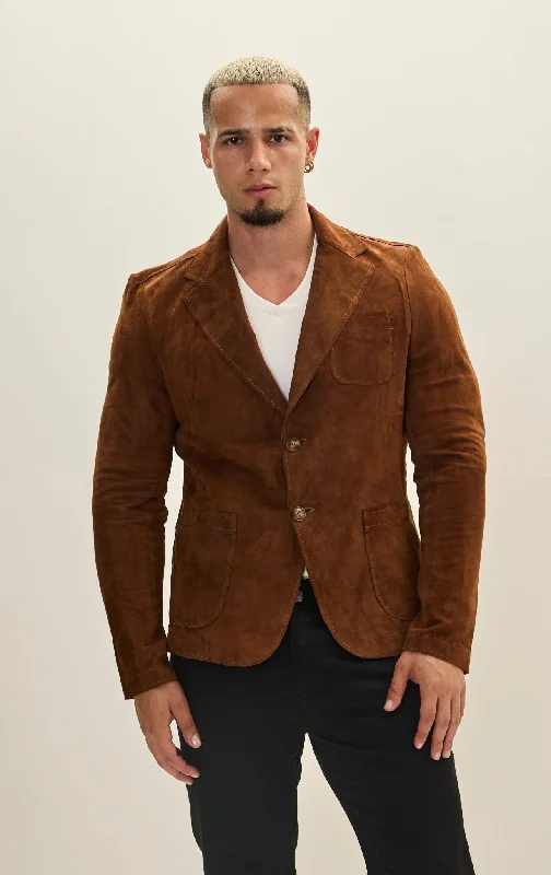 Classic Two-Button Suede Leather Blazer - Brown