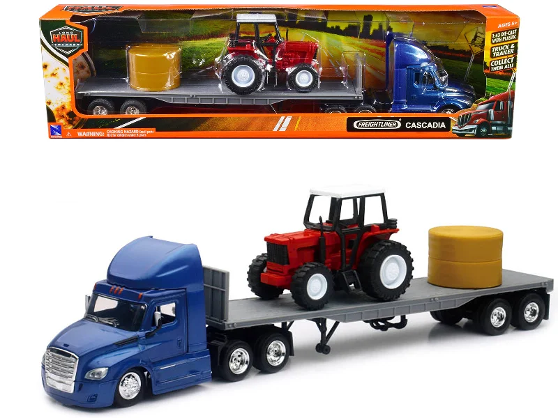 Recycling - plant model toys for environmental - awareness teaching​ Freightliner Cascadia with Flatbed Trailer Blue with Farm Tractor Red and Hay Bales "Long Haul Trucker" Series 1/43 Diecast Model by New Ray